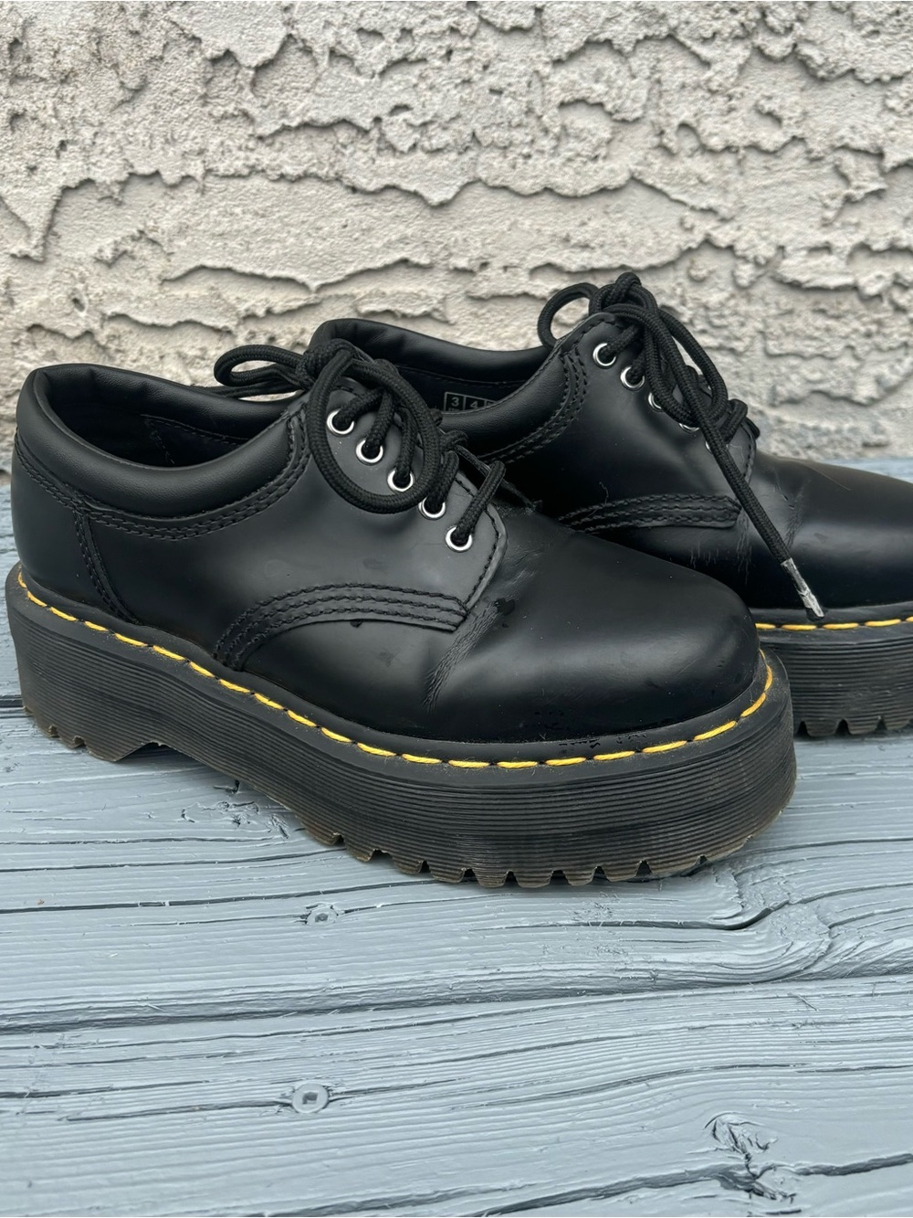 Dr. Martens Black Platform Lace-Up Shoes with Yellow Stitching